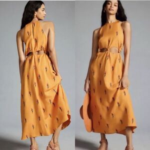 FARM RIO Parrot Halter Dress Embroidered Anthropologie Orange Linen Sz Large